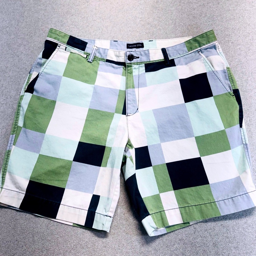 Lands End Chino Shorts Mens 40 Green Blue Colorblock Patchwork Check Summer